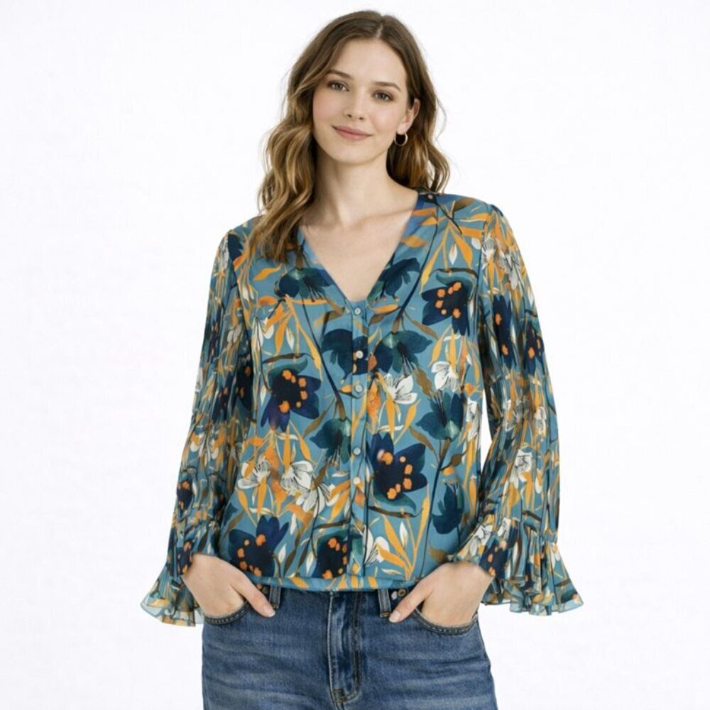 MILLY Floral Accordion Pleat Bell Sleeve Blouse – Retro Femme Statement – Size L